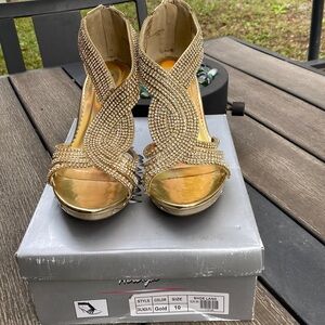 Women’s Rhinestone Gold Heels Zip Back Sparkle 3” Size 10